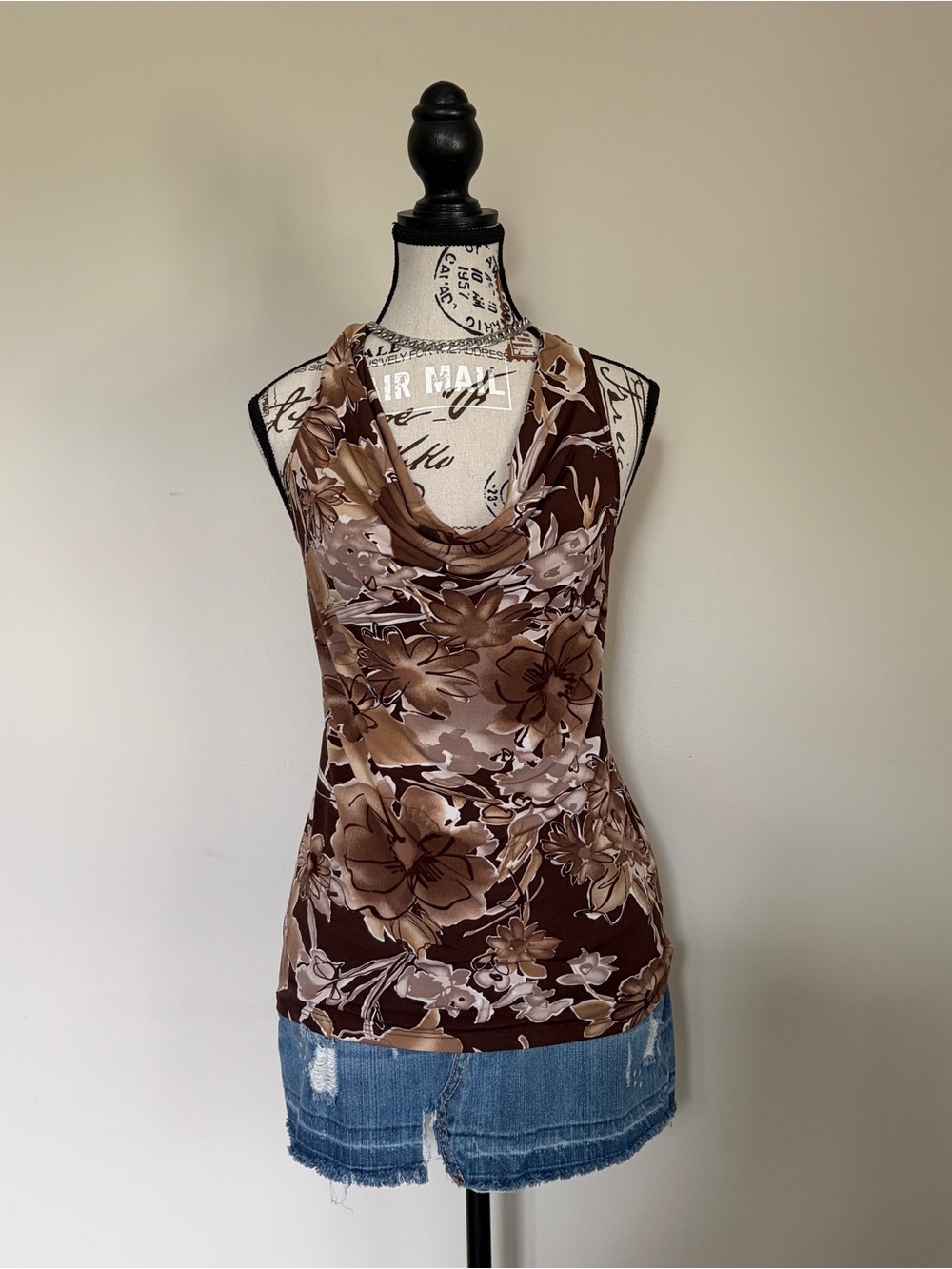 Y2K Suzy Shier Brown Beige Floral Whimsy Boho Cowl Neck O-Ring Going Out Top